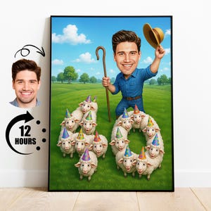 Funny 40th Birthday Gift for Him Custom Shepherd Caricature with Sheep Party Hats Cartoon Farmer Portrait Personalized Wall Art
