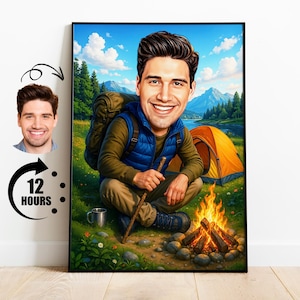 Regalo para campistas, caricatura de camping personalizada a partir de una foto, retrato divertido de campista, arte de aventura de camping personalizado