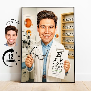 Cadeau pour optométriste, caricature d'ophtalmologiste personnalisée à partir d'une photo, portrait drôle d'opticien, art de dessin animé personnalisé de clinique de la vue
