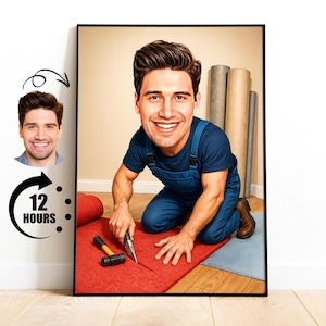 Regalo para instalador de alfombras, caricatura personalizada de trabajador de casa a partir de una foto, ideas divertidas para regalos de instalador de pisos, retrato de caricatura de trabajador de la construcción