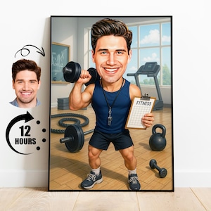 Regalo para entrenador de fitness, caricatura de gimnasio personalizada a partir de una foto, retrato divertido de entrenador personal, dibujo de entrenamiento personalizado