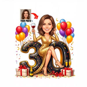 Custom 30th birthday caricature with woman sitting on large number 30 balloons and gifts