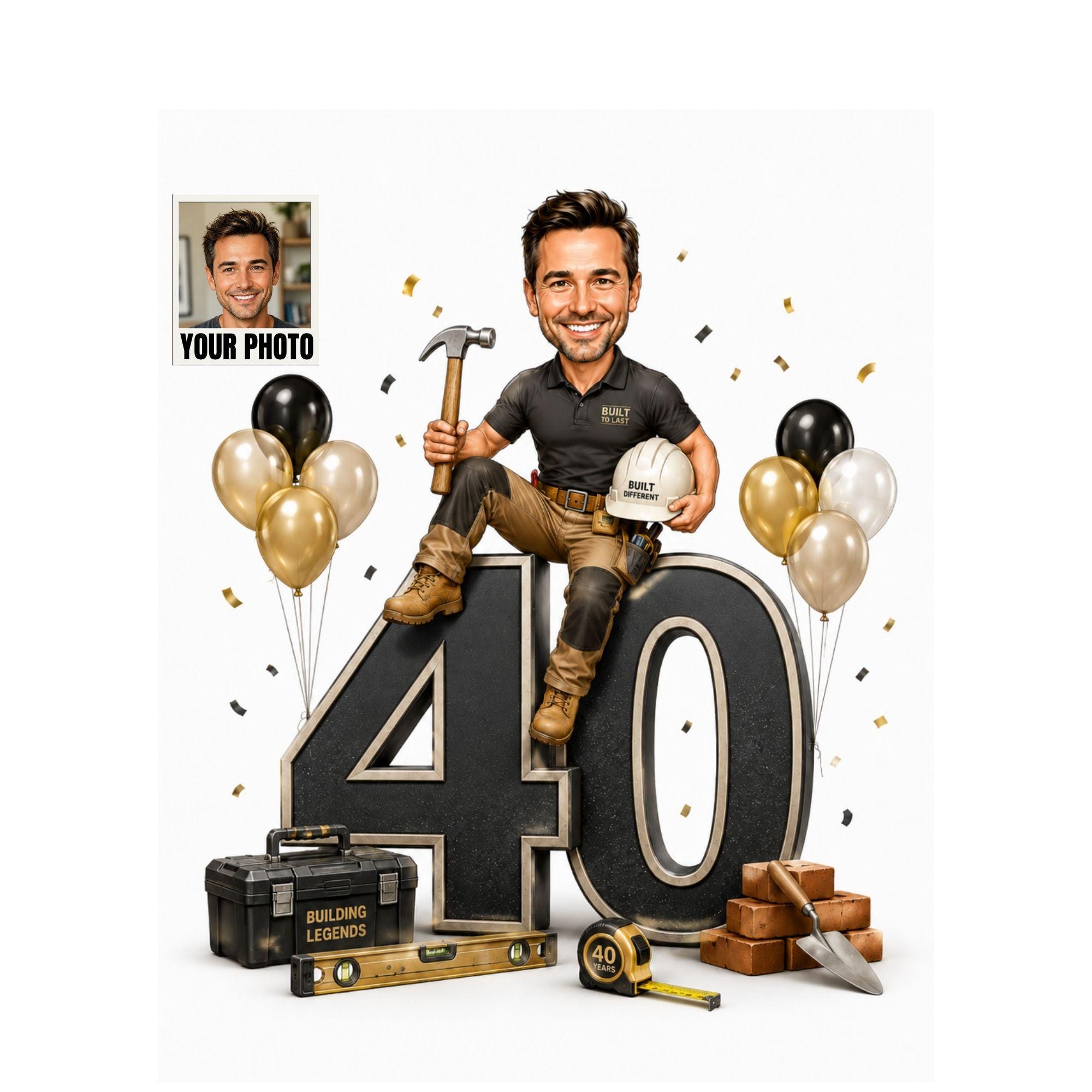 40th Birthday Builder Cartoon Portrait for Him from photo