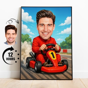 Geschenk für Go-Kart-Fahrer, benutzerdefinierte Go-Kart-Karikatur vom Foto, lustiges Kart-Porträt, personalisierte Rennstrecken-Karikaturzeichnung