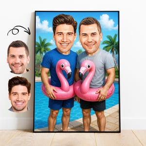 Funny Friends Caricature Portrait with Flamingo Floaties Funny Cartoon Gift forFriends Pool Party Cartoon Portrait Bachelor Party Gift Ideas