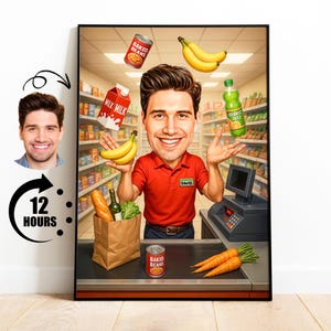 Cadeau pour employé d'épicerie, caricature de supermarché personnalisée à partir d'une photo, portrait drôle de caissier, art de dessin animé personnalisé au détail