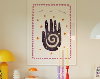 Fantazyjny spiralny odcisk dłoni, mistyczna sztuka ścienna z dłonią, fantazyjny plakat, dekoracja dopaminowa, odjazdowy wystrój duchowy, sztuka w stylu preppy, eklektyczny nadruk