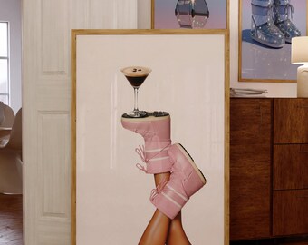 Wydruk „Apres Ski Espresso Martini”, grafika ścienna z różowymi butami, dekoracja zimowa w stylu preppy do pobrania w wersji cyfrowej