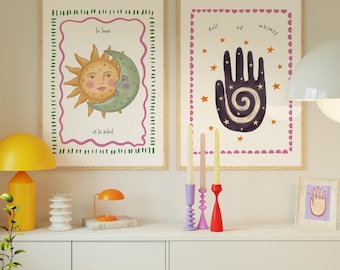 Zestaw 2 fantazyjnych dekoracji ściennych, fantazyjny spiralny nadruk dłoni, nadruk „La Lune et Le Soleil”, plakat „Słońce i księżyc”, dekoracja z dopaminą, odjechana sztuka duchowa