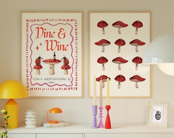 Fantazyjny wydruk artystyczny z grzybem i biedronką, plakat z cytatem „Jedz i baw się”, wystrój kuchni Cottagecore, fantazyjna sztuka ścienna, zestaw wydruków z czerwonym grzybem