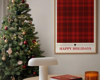 Red Plaid Christmas Print: Retro Holiday Wall Art (Digital Download)
