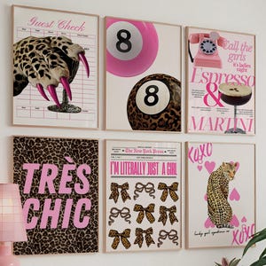 Lot de 6 imprimé léopard tendance, galerie léopard rose rétro, décor de couverture de magazine imprimé léopard, décoration esthétique Lucky, décoration d'appartement girly