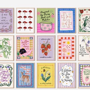 May include: A collection of fifteen rectangular art prints featuring various illustrations including mushrooms, a snail, strawberries, a swan, a deer, and floral motifs, each accompanied by handwritten-style text in a variety of colorful frames.