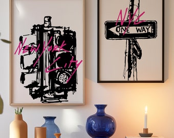 NYC Street Art Poster Set: Black & Pink Traffic Light, One Way Sign (Digital Download)