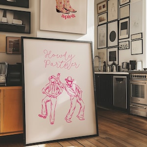 Pink Howdy Partner Print,  Cowgirl Cowboy Southern Wall Art, Girly Pink Poster, Vintage Western Cowgirl Art, Cute Apartment Decor