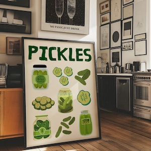 Retro Pickles Küche Wandkunst | Niedliches Poster mit grüner Gurke | Glas und geschnittene Gürkchen-Illustration