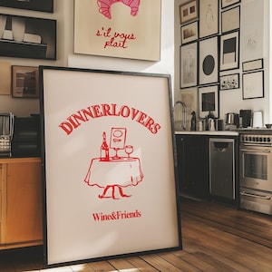 Retro dinerliefhebbers print, wijn en vrienden poster, retro food art, bar cart kunst, vintage cocktail poster, handgeïllustreerde poster