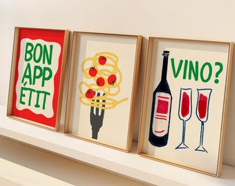 Trendy keukenprintset: pasta, wijn, lekkernijen (digitale download)