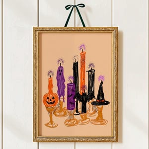 Hand Drawn Spooky Candles Print, Vintage Halloween Poster, Eclectic Goth Decor, Pumpkin and Ghost Art, Dark Academia Wall Art, Halloween Art