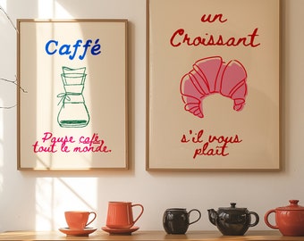 2 francuskie wydruki sztuki kuchennej: zestaw plakatów z croissantem i kawą (do pobrania w wersji cyfrowej)