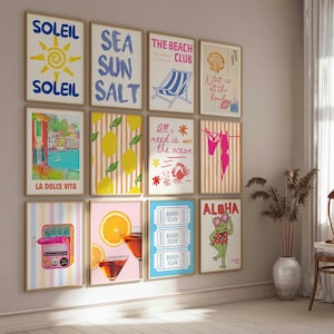 Mega paquete de 60 piezas de arte mural de verano, set de galería costera, arte mural playero, arte mural veraniego preppy, decoración de casa de playa, póster de verano moderno