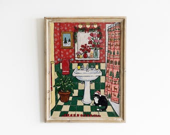 May include: A framed painting depicting a bathroom with a festive Christmas theme. The walls are red with white snowflakes, and the floor is green and white chequered. A black and white cat wearing a Santa hat sits near the sink.