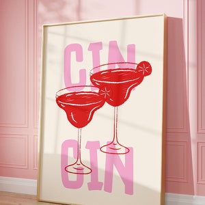 Trendy Cin Cin Poster, Retro Cocktail Print, Bar Cart Art Print, Maximalist Kitchen Print,Hand Drawn Doodle, Mid Century Decor