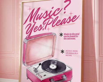 Retro Record Player Art Print: Pink Music Room Decor (Digital Download)