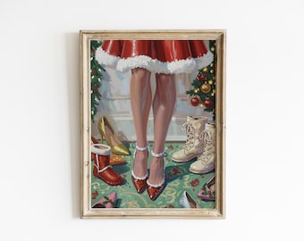 Vintage Christmas Heels Art Print, Festive Oil Painting Fashion Decor (Digital Download)