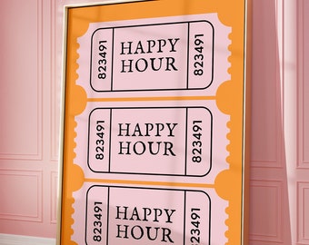 Wydruk biletu na Happy Hour w stylu retro: różowo-pomarańczowy wystrój baru (pobranie cyfrowe)