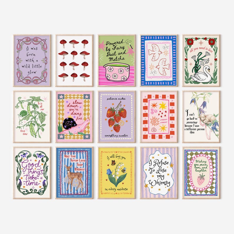 May include: A collection of fifteen rectangular art prints featuring various illustrations including mushrooms, a snail, strawberries, a swan, a deer, and floral motifs, each accompanied by handwritten-style text in a variety of colorful frames.