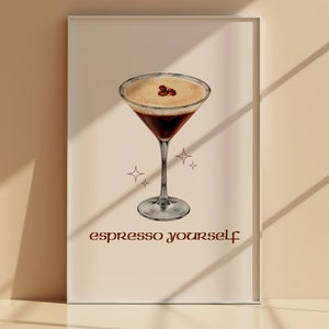 Impresión de espresso martini, arte de carrito de bar, póster de cócteles, arte de pared de moda, cocina de moda, póster de fiesta en dormitorio, decoración de dopamina