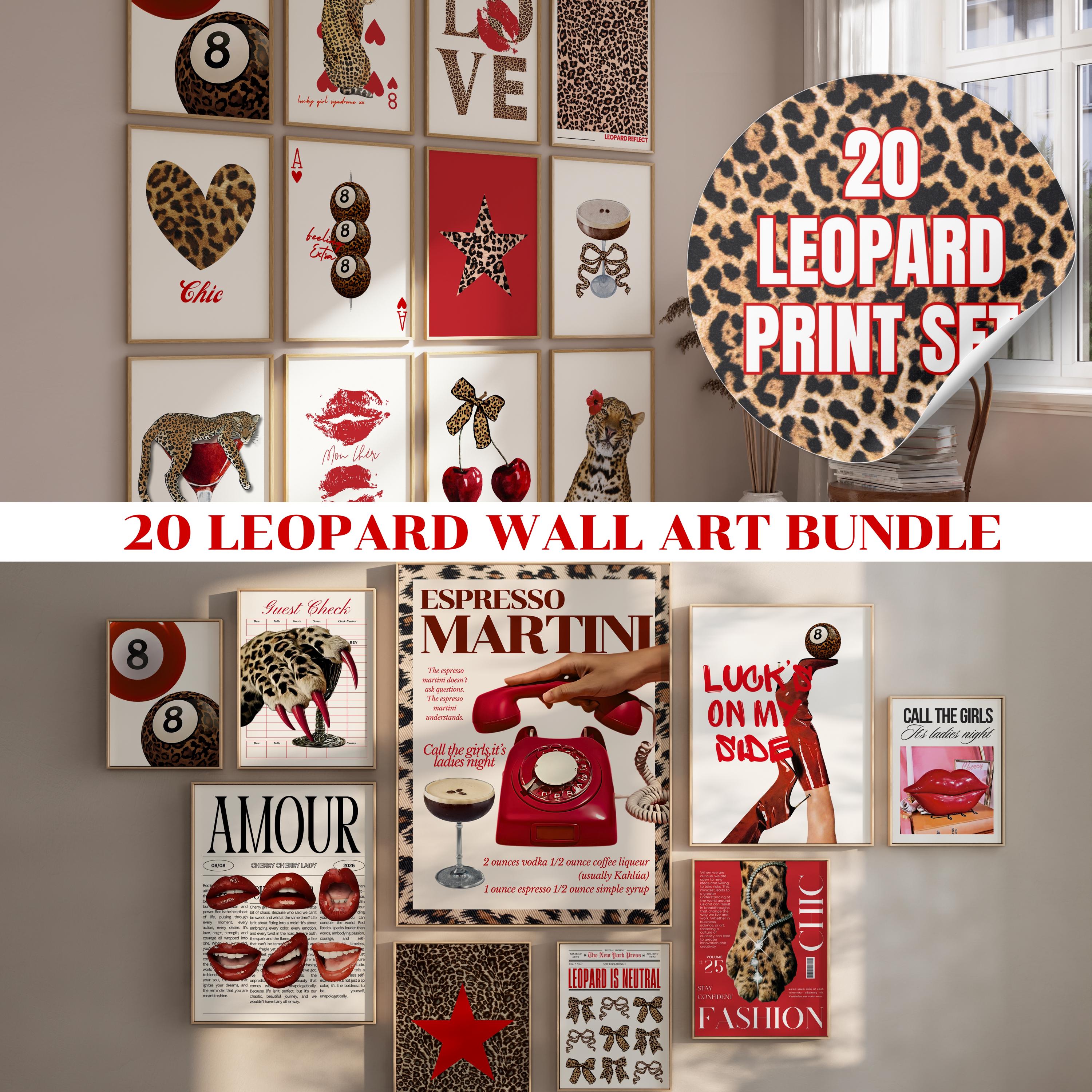 20 Leopard Wall Art Bundle Set, Retro Wall Art, Leopard Red Poster, Red Wall Art Bundle, Apartment Decor, Aesthetic Wall Decor, Trendy Print