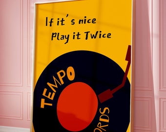 Music Print, Play It Twice Wall Art, Retro Print, Trendy Wall Art, Groovy Print, Funky Poster, Dorm Room, Aesthetic Home Decor, Preppy Print