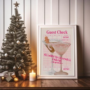 Arte divertido de martini navideño / Impresión navideña con cheque de invitado / Decoración de pared de cóctel retro rosa / Póster de bar navideño / Vibraciones navideñas vintage