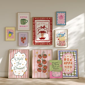 May include: A gallery wall collection of ten framed art prints featuring colourful illustrations of food, drinks, and text. Designs include a green mug, a red apple core, a disco ball, strawberries, tomatoes, and text like What's For Dinner and Bon Appétit.