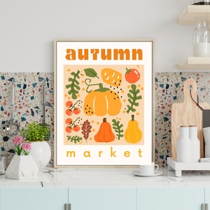 Impresión de mercado de otoño, póster de otoño de moda, arte de pared de calabaza, decoración estética de otoño, decoración de cocina elegante, decoración de Acción de Gracias, decoración del hogar de otoño