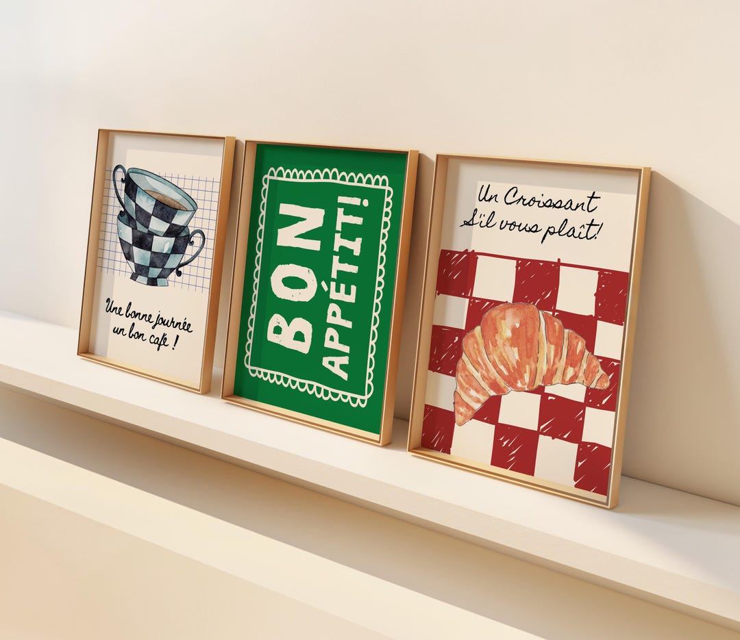 Retro French Kitchen Art Prints Set of 3 | Croissant & Coffee Prints ...