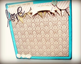 6 x 6 Premade Ready to ship! Altered Mixed Media Canvas Love Theme/Kids/BabyAqua/Turquoise Shabby