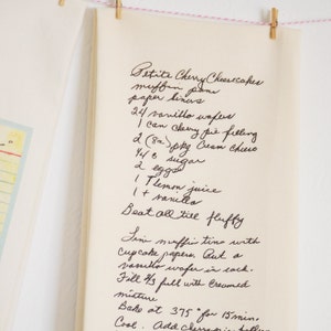 May include: Handwritten recipe for Petite Cherry Cheesecakes on a white piece of paper. The recipe includes ingredients like vanilla wafers, cherry pie filling, cream cheese, sugar, eggs, lemon juice, and vanilla. The instructions include baking at 375 degrees Fahrenheit for 15 minutes.