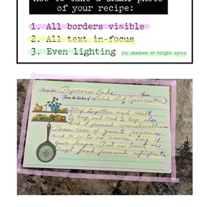 May include: A handwritten recipe card for Popcorn Cake from the kitchen of Lelah Ritz. The recipe card is on a light blue background with pink and green borders. The recipe includes instructions to mix together and melt 1/2 cup oil and 1/2 cup ale, 1 pound marshmallows, and 1/4 quart popcorn. Pour over 11 to 14 ounce bag of gum drops. Put in bunt or angel food pan and refrigerate.