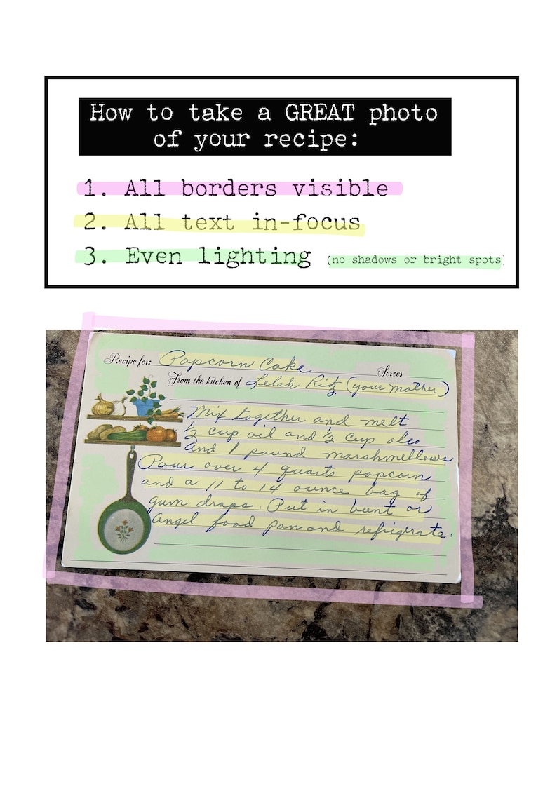 May include: A handwritten recipe card for Popcorn Cake from the kitchen of Lelah Ritz. The recipe card is on a light blue background with pink and green borders. The recipe includes instructions to mix together and melt 1/2 cup oil and 1/2 cup ale, 1 pound marshmallows, and 1/4 quart popcorn. Pour over 11 to 14 ounce bag of gum drops. Put in bunt or angel food pan and refrigerate.