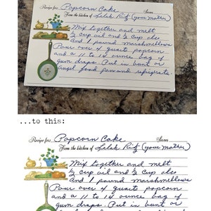 May include: A handwritten recipe for Popcorn Cake on lined paper with a decorative border. The recipe is from the kitchen of Lelah Rif and includes instructions to melt 1/2 cup oil and 1/2 cup shortening, 1 pound marshmallows, and pour over 4 quarts of popcorn. The recipe also calls for a 1/1 to 1/4 ounce bag of gum drops and to refrigerate the cake after it is made.