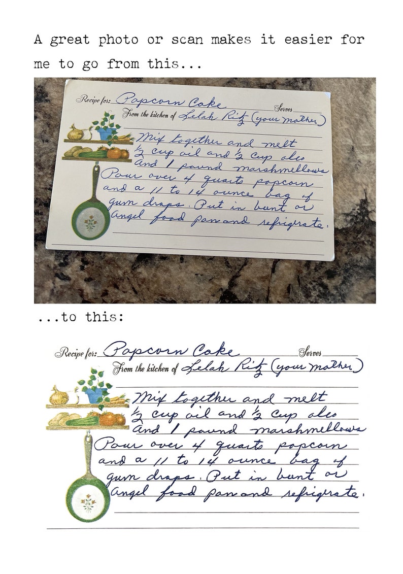 May include: A handwritten recipe for Popcorn Cake on lined paper with a decorative border. The recipe is from the kitchen of Lelah Rif and includes instructions to melt 1/2 cup oil and 1/2 cup shortening, 1 pound marshmallows, and pour over 4 quarts of popcorn. The recipe also calls for a 1/1 to 1/4 ounce bag of gum drops and to refrigerate the cake after it is made.