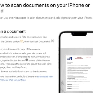 May include: A screenshot of an iPhone displaying the Notes app with instructions on how to scan documents. The image shows a document with the text "Yohko Daigo Musician & Teacher" and a list of information about the teacher. The instructions include tapping the camera button, then tapping "Scan Documents", placing the document in view of the camera, and tapping the shutter button or volume buttons to capture the scan.