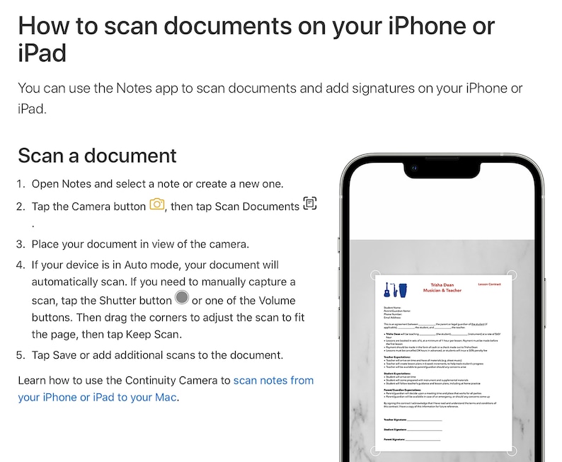 May include: A screenshot of an iPhone displaying the Notes app with instructions on how to scan documents. The image shows a document with the text "Yohko Daigo Musician & Teacher" and a list of information about the teacher. The instructions include tapping the camera button, then tapping "Scan Documents", placing the document in view of the camera, and tapping the shutter button or volume buttons to capture the scan.