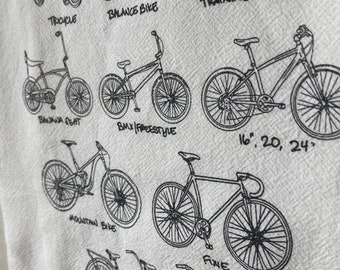 Cycles of Life illustrated bike dish flour sack towel white or off-white