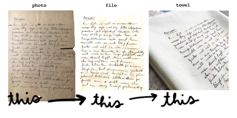 May include: A handwritten letter on a piece of paper, a file, and a towel. The letter is written in German and says "Marzipan".