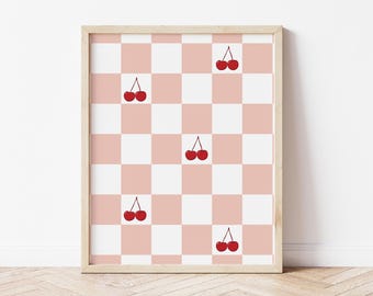 Pink Gingham Cherry Kitchen Print – Coquette Wall Art (Digital Download)
