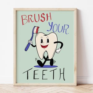 Arte de pared retro "Cepíllate los dientes" - Impresión de dibujos animados de dientes - Póster de baño infantil - Decoración de consultorio dental, regalo de dentista - Letrero de higiene dental